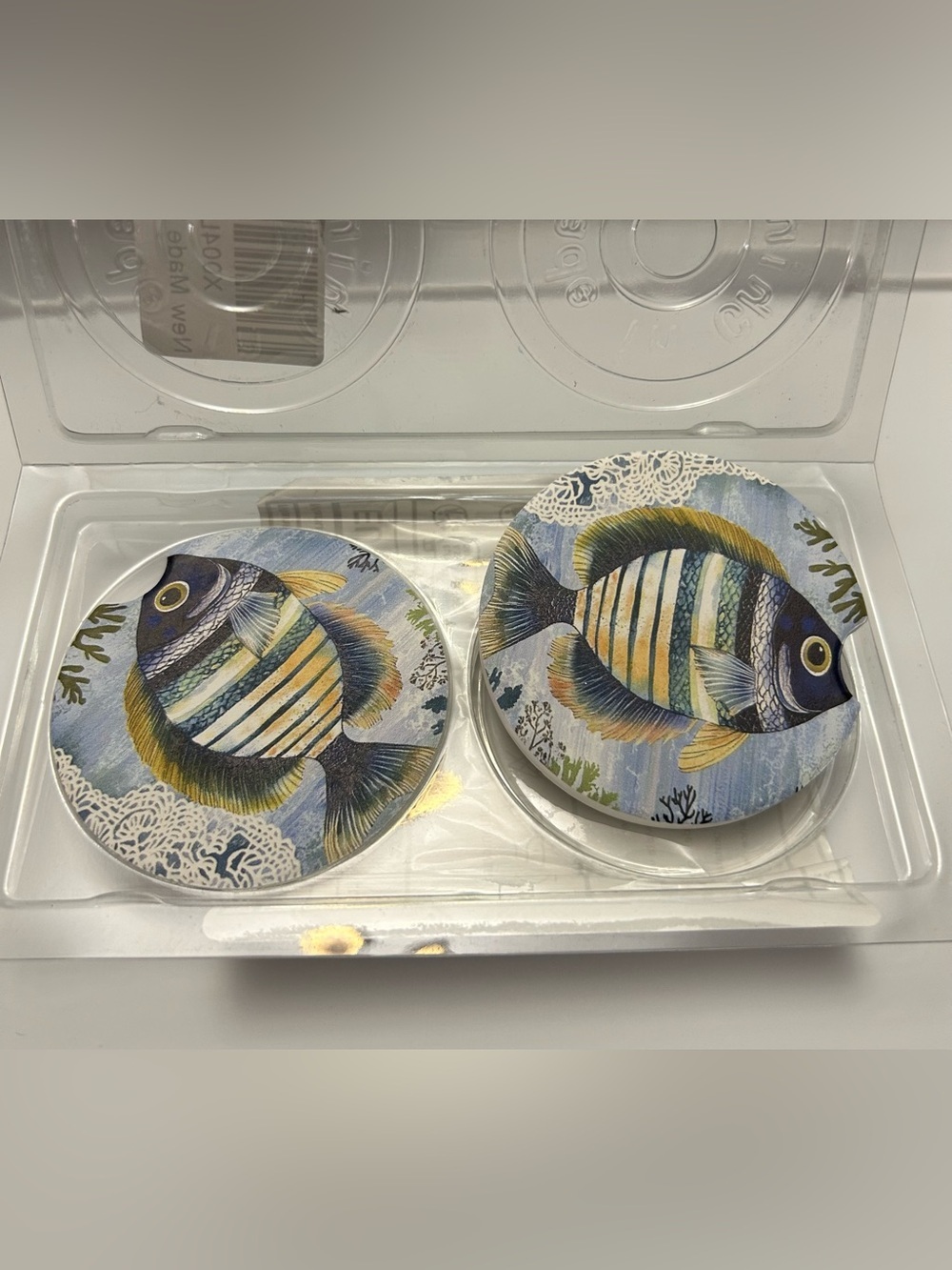 Set of 2 Decorative Fish Coasters - Blue, Yellow & Green